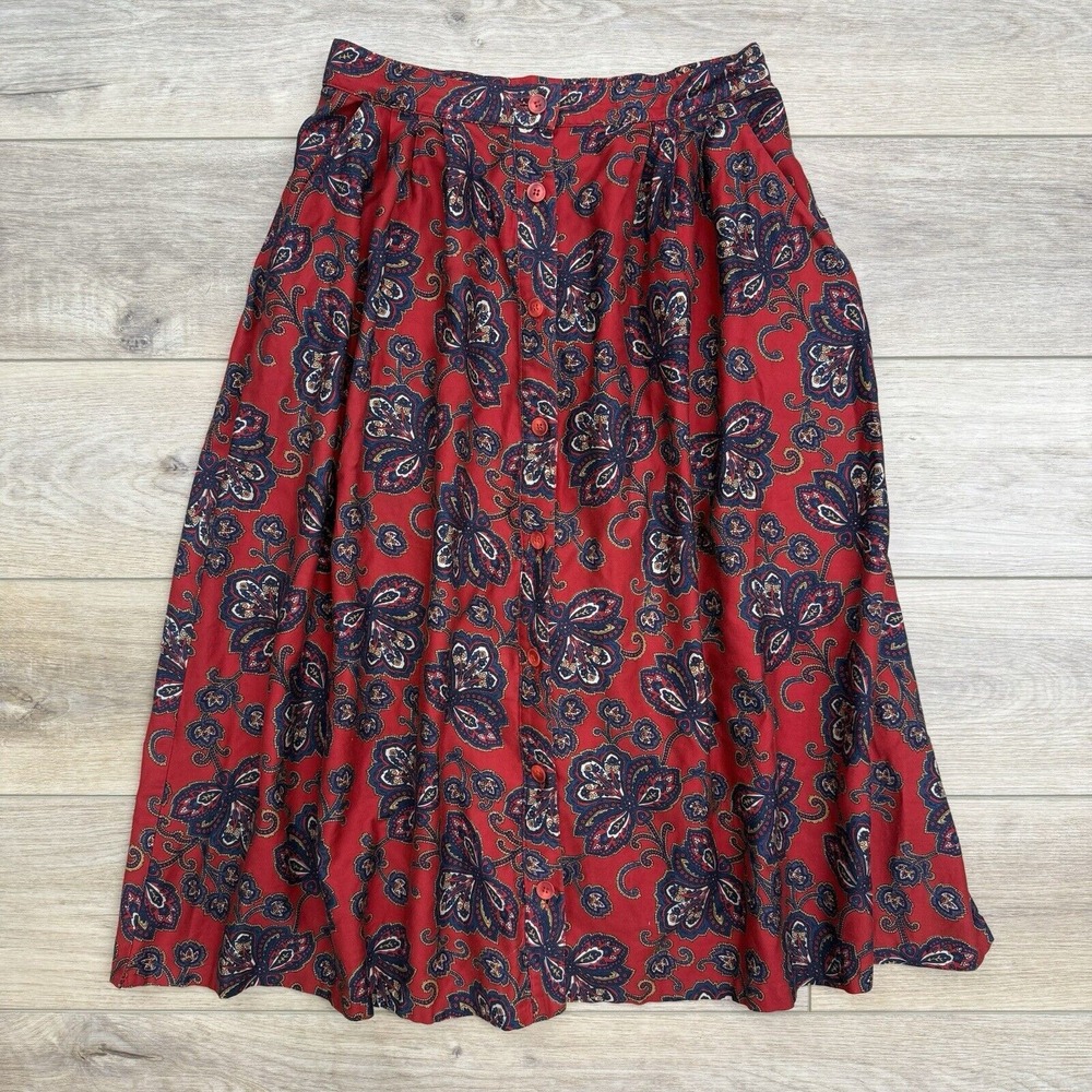 Vintage Rondina Button Front Midi Skirt Pockets Red Twee READ